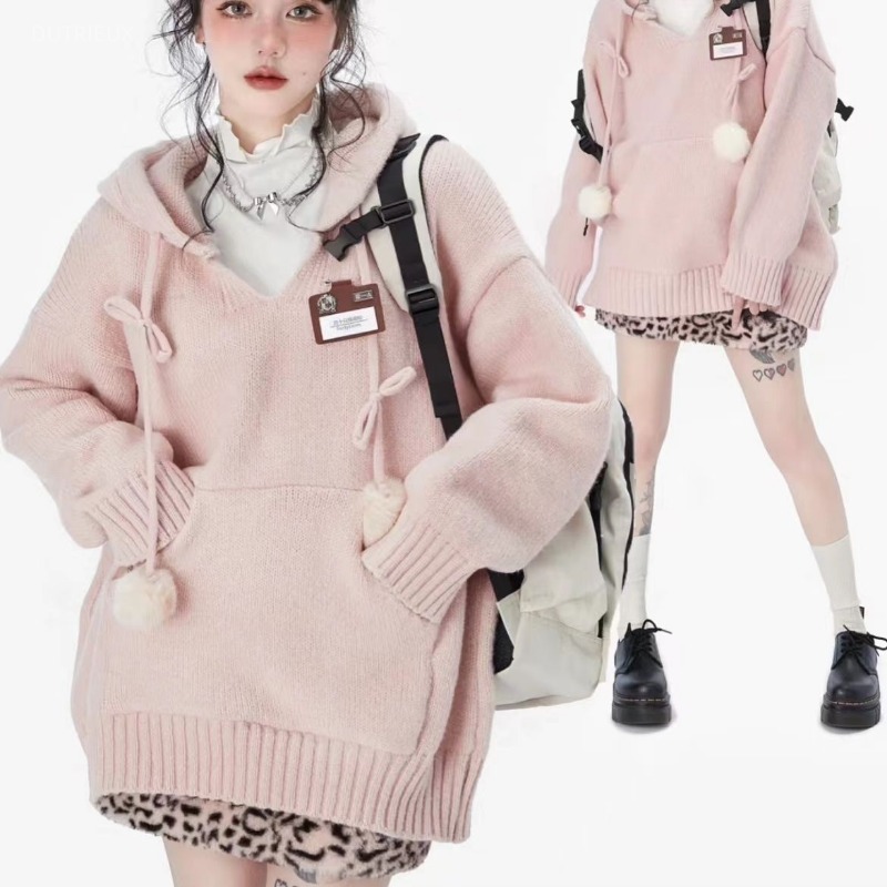 Winter Clothing Drawing - Preppy Style Y2k Sweaters Hooded Solid