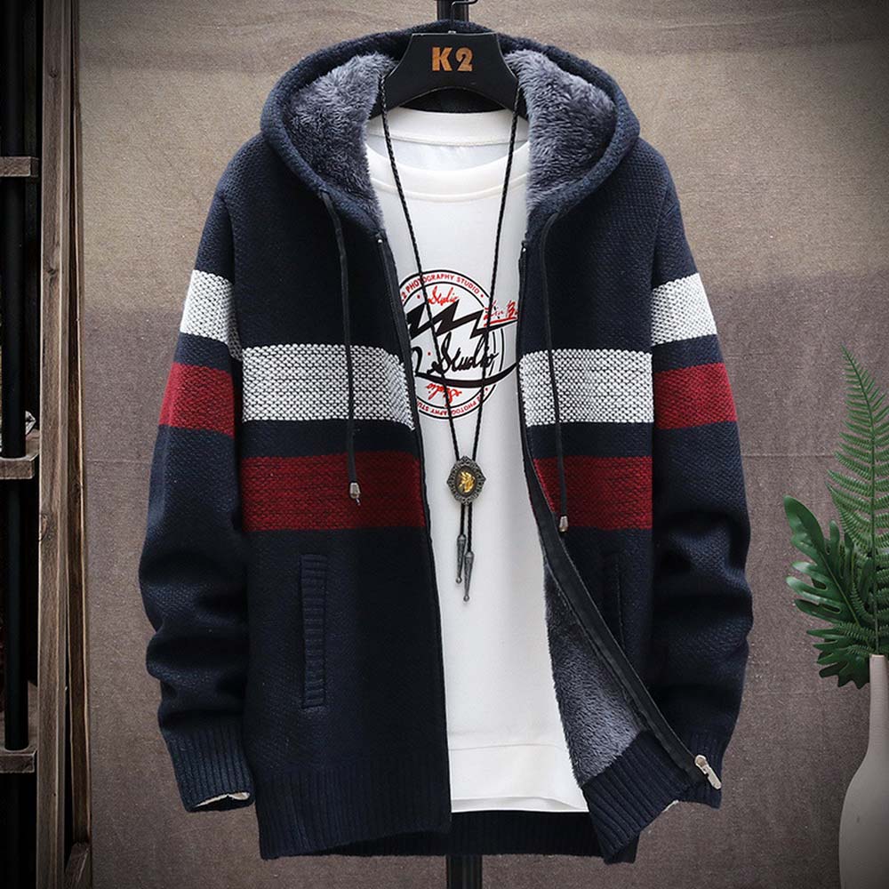 Men's Striped Sweater Coat Thi - Fleece Hoodie Lined review and price